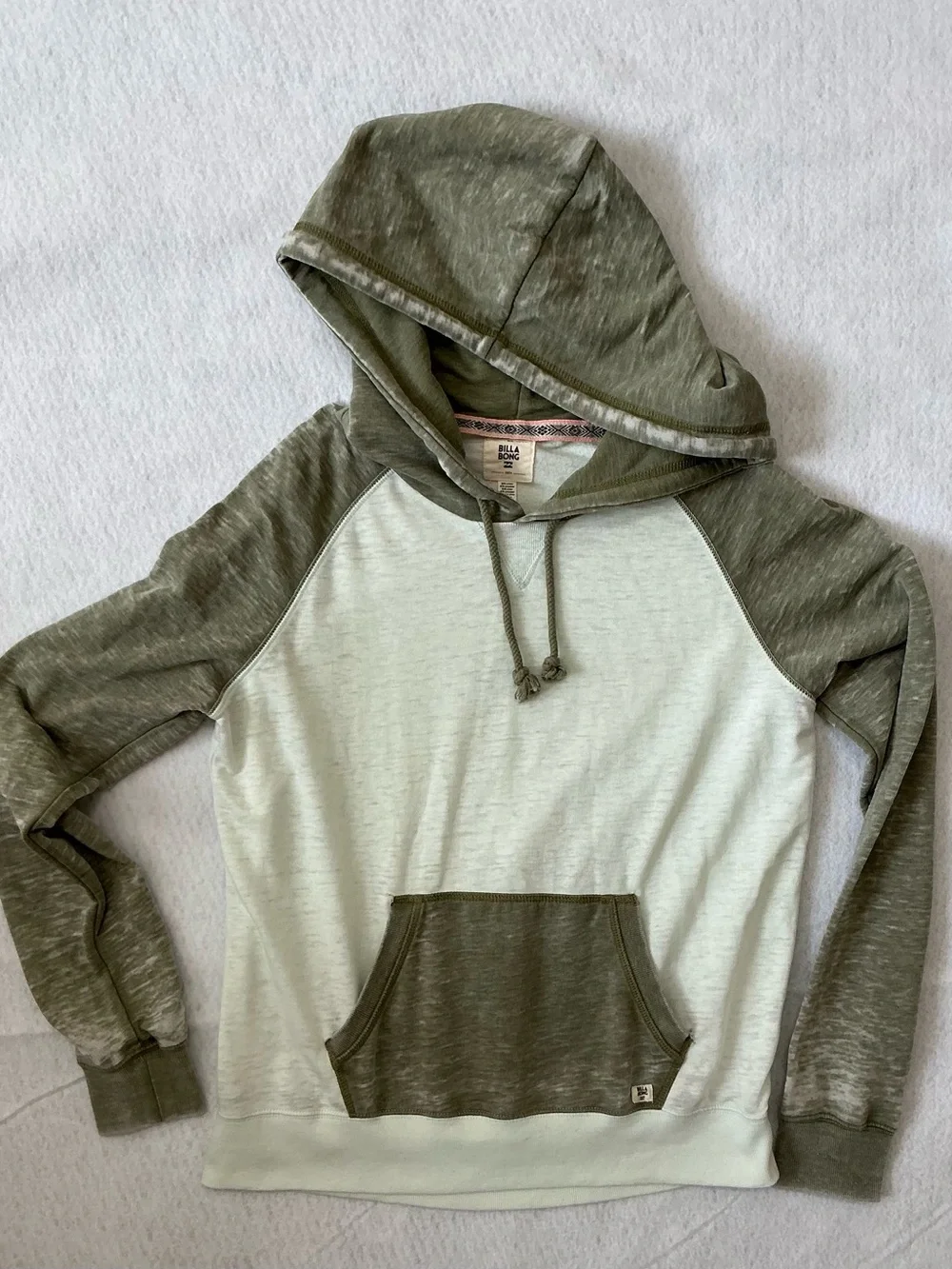 Billabong Hooded Pullover Hoodie Olive Ivory Colorblock Kangaroo Pocket M - Picture 2 of 9